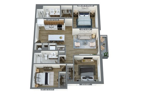 a 3d floor plan of a house with a bedroom and a living room